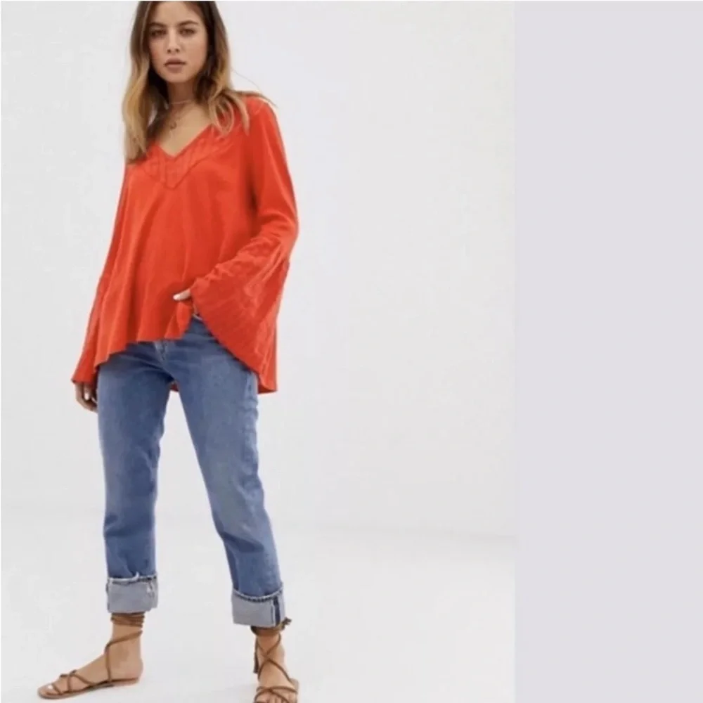 Free People Red Eyelet Lace Wide Bell Sleeve Waffle Knit Thermal Top - Picture 4 of 12